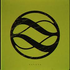 Album cover with abstract blue-green shapes with red cursive title text 'Mangu'